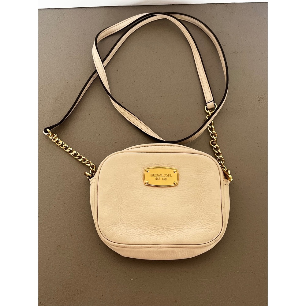 Michael Kors Cream‎ Pebbled Leather Crossbody Bag Gold Chain Camera Bag Small